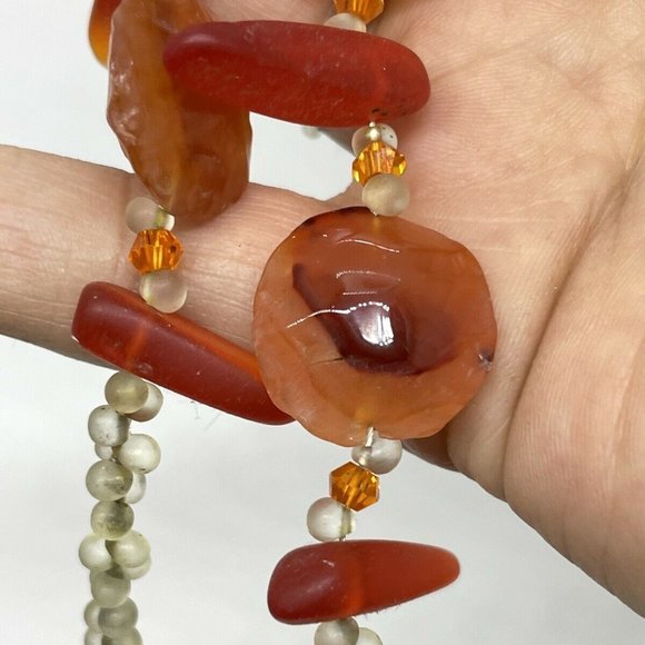 Gorgeous Carnelian Stone And Sea Glass Beaded 16” Necklace - Picture 4 of 6